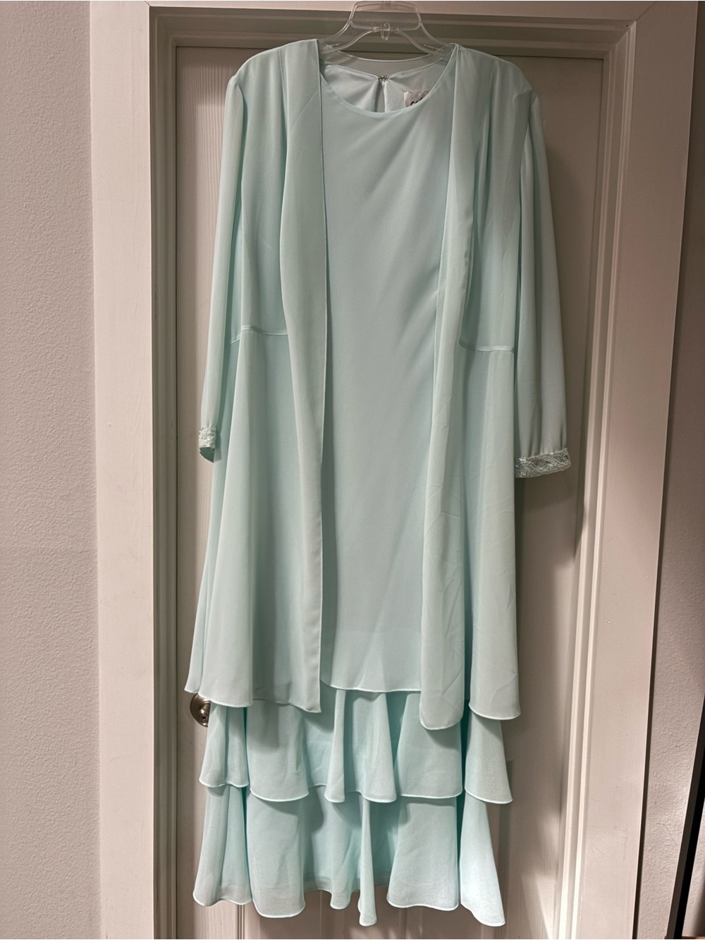 Elegant Mint-Blue Tiered Dress with Matching Jacket